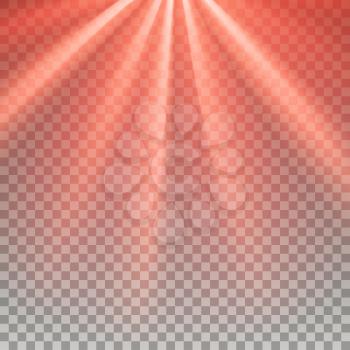 Red flare. Laser light. Glaring effect with transparency. Abstract glowing light background. Ready to apply. Graphic element for documents, templates, posters, flyers. Vector illustration