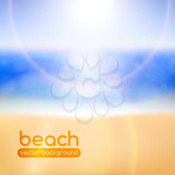 Blurred beach background, with bokeh and lens flare effects. Summer time poster. Vacation ad flyer template. Vector illustration.