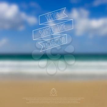 Blurred sea beach background with symbol, text and banner. Useful for a minimalistic web interface template, scrapbooking, corporate website design. Vector illustration.
