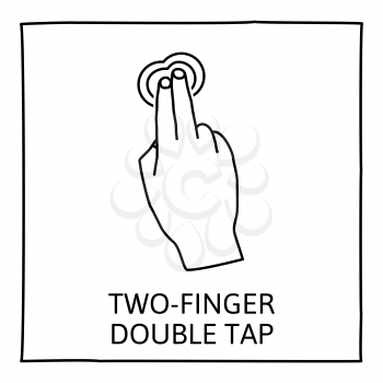 Doodle gesture icon.  Two fingers double tap. Touch screen hand gestures. Hand drawn. Isolated on white. Vector illustration.