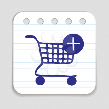 Doodle Shopping Cart icon. Blue pen hand drawn infographic symbol on a notepaper piece. Line art style graphic design element. Web button with shadow. Groceries sales supermarket concept.