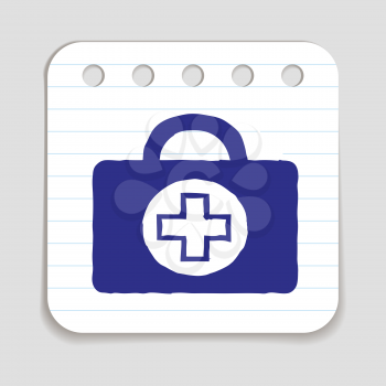 Doodle Doctors Bag icon. Hand drawn doodle with flowers and letters. Blue pen on notepad page. Shopping, price reduction, season advertising label. Vector illustration.