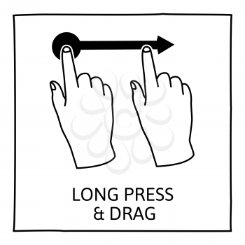 Doodle gesture icon. Long press and drag or swipe with one finger. Touch screen hand finger gestures. Hand drawn. Isolated on white. Vector illustration.