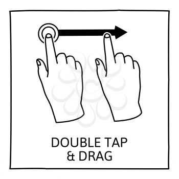 Doodle gesture icon. Double tap with one finger and drag. Touch screen hand finger gestures. Hand drawn. Isolated on white. Vector illustration.