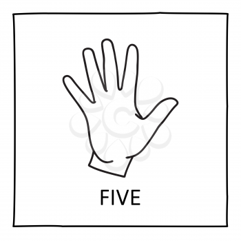 Doodle Palm icon. Counting hands showing five fingers. Graphic design element for teaching math to young children as school printout. Great for showing numbers on your design in a fun and creative way