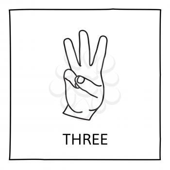 Doodle Palm icon. Counting hands showing three  fingers. Graphic design element for teaching math to young children as school printout. Great for showing numbers on your design in a fun and creative w
