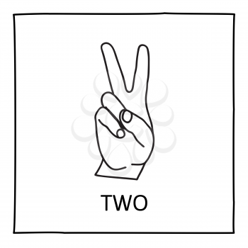 Doodle Palm icon. Counting hands showing two fingers. Graphic design element for teaching math to young children as school printout. Great for showing numbers on your design in a fun and creative way.