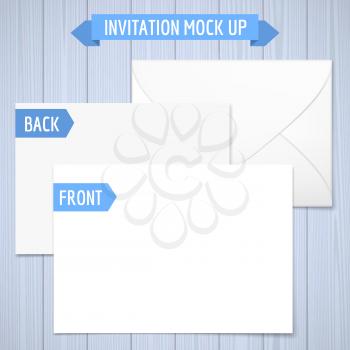 Invitation mock up. Wooden background. Front, back and envelope. Realistic illustration with shadow. Blue color. Baby shower for a boy, birthday boy, wedding invitation mockup. Vector illustration. 