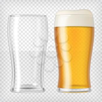 Two beer glasses, one empty and one full. Lager beer. Transparent realistic elements.Ready to apply to your design. Vector illustration.
