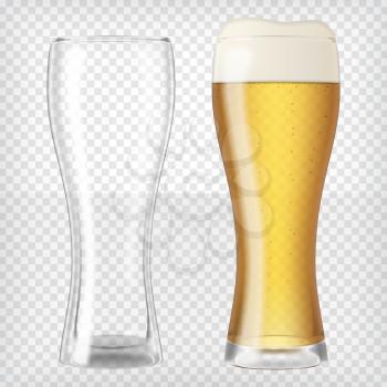 Two beer glasses, one empty and one full. Lager beer. Transparent realistic elements.Ready to apply to your design. Vector illustration.
