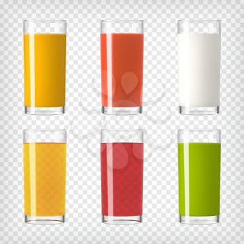 Juice and Milk Glasses set. Colorful set of realistic glasses with healthy beverages. Vector illustration.
