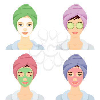Set of 4 women with cosmetic face masks. Smiling girl portrait. Clean skin, cosmetics concept, fresh healthy face. Beautiful model. Graphic design element for spa or beauty salon poster