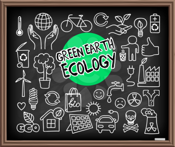 Green Earth Ecology doodle set. Hand drawn graphic elements on chalkboard. Hands holding planet Earth, energy saving light bulb, solar panel, factory air pollution, recycle bio and eco symbols. Vector
