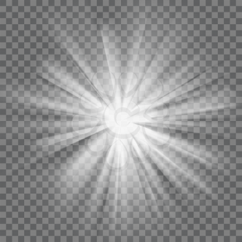 White glowing light. Bright shining star. Bursting explosion. Transparent background. Rays of light. Glaring effect with transparency. Abstract glowing light background. Vector illustration.