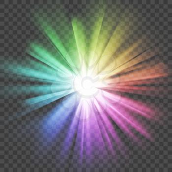 Colorful glowing light. Bright shining star. Bursting explosion. Transparent background. Rays of light. Glaring effect with transparency. Abstract glowing light background. Vector illustration.
