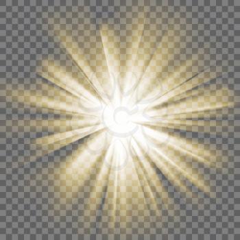Yellow glowing light. Sun rays. Bursting explosion. Transparent background. Rays of light. Glaring effect with transparency. Abstract glowing light background. Vector illustration.