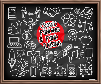 Crowd funding and Fond Raising Doodle set on chalkboard. Start up, launching of new project concept. Graphic elements - thumb up, alarm clock, rocket, light bulb idea, handshake, puzzle pieces. Vector