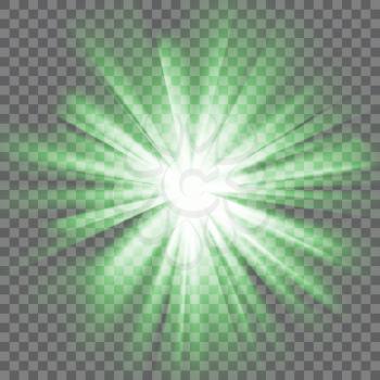 Green glowing light. Bright shining star. Bursting explosion. Transparent background. Rays of light. Glaring effect with transparency. Abstract glowing light background. Vector illustration.