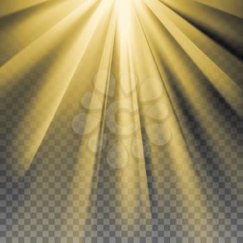 Yellow sun rays. Warm orange flare. Glaring effect with transparency. Abstract glowing light background. Ready to apply. Graphic element for documents, templates, posters, flyers. Vector illustration