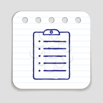 Doodle clipboard icon. Blue pen hand drawn infographic symbol on a notepaper piece. Line art style graphic design element. Web button with shadow. To do list, exam papers, fill in form concept.