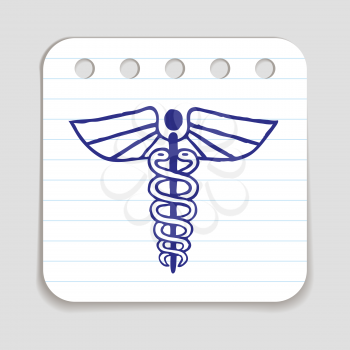 Caduceus emblem doodle icon. Blue pen hand drawn infographic symbol. Notepaper piece. Line art style graphic element. Web button with shadow. Herald wand with wings and two serpents.