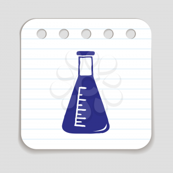 Chemical test tube. Laboratory equipment. Chemistry class icon for school. Blue pen hand drawn infographic symbol on a notepaper piece. Line art style graphic design element. Web button with shadow.
