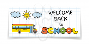 Doodle Back to School sale banner on notepad. Hand drawn education symbols on notebook paper. School supplies sale concept. Invitation template. Vector illustration.