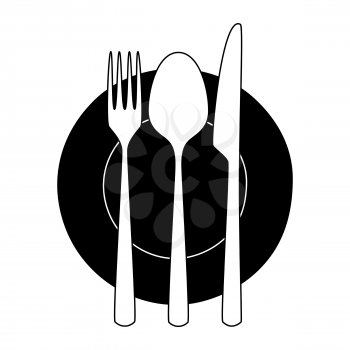 Fork, knife and spoon on a plate. Minimalistic icon. Symbol of cutlery. Vector illustration