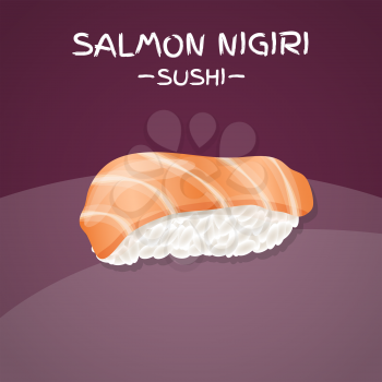 Salmon Nigiri Sushi. Realistic style sushi with rice and salmon fish. Japanese cuisine poster. Vector illustration