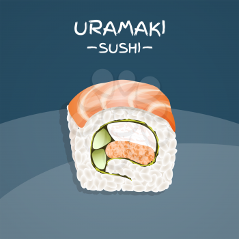 Uramaki Sushi Roll. Realistic style sushi with rice, salmon fish, avocado and crab meat. Japanese cuisine poster. Vector illustration