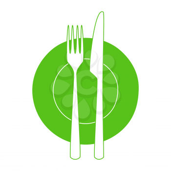 Fork and knife on a plate. Minimalistic icon. Symbol of cutlery. Vector illustration