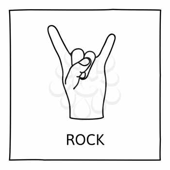 Doodle ROCK icon. Hand drawn gesture symbol. Line art style graphic design element. Heavy metal music, devils horns gesture concept. Vector illustration