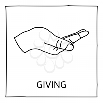 Doodle GIVE icon. Hand drawn gesture symbol. Line art style graphic design element. Giving, sharing, charity, reaching out for help concept. Vector illustration