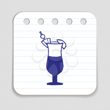 Doodle COCKTAIL icon. Blue pen hand drawn infographic symbol on a notepaper piece. Line art style graphic design element. Web button with shadow. Vacation, beach, alcohol drinkconcept.