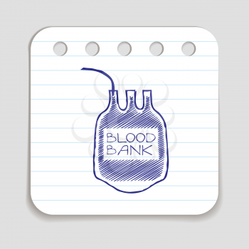 Doodle Blood Donation icon. Blue pen hand drawn infographic symbol on a notepaper piece. Line art style graphic design element. Web button with shadow.