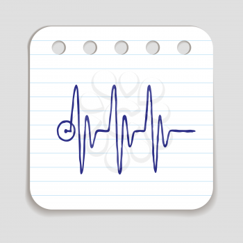 Doodle HEART RATE icon. Blue pen hand drawn infographic symbol on a notepaper piece. Line art style graphic design element. Web button with shadow. Cardiogram, heart beat concept.