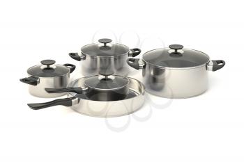 Stainless steel pots and pans on white background. Set of five cooking kitchenware with glass see through lids. 3D illustration.