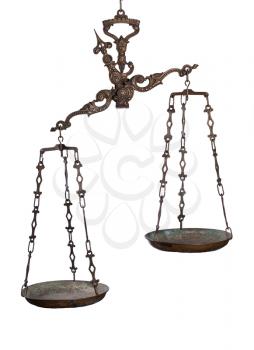 Antique rusty balance scale isolated on white background. Justice and making decision concept. Uneven odds, not being in balance, one is more important than the other.