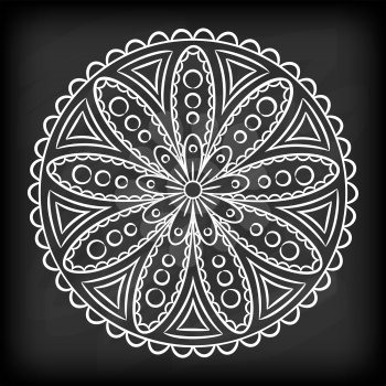 Doodle mandala flower on chalkboard. Outline floral design element. Coloring book pattern. Decorative round flower. Anti-stress therapy pattern on white background. Meditation poster. Vector illustrat