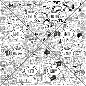 Mega set of doodle social, business, medicine, vacation and school icons, banners, arrows and speech bubbles. Hand drawn designer elements. Vector illustration