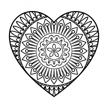 Doodle heart mandala coloring page. Outline floral design element in a heart shape. Coloring book pattern. Decorative round flower.Love, acceptance, positive energy concept. Vector illustration.