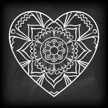 Doodle heart mandala on chalkboard. Outline flower in a heart shape. Coloring book pattern. Decorative round flower. Wedding invitation, baby shower design lelement. Vector illustration.