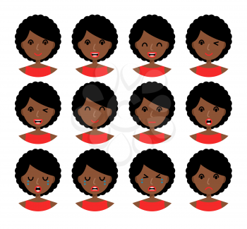 Woman emotions. Beautiful african american girl with brown hair. Facial expression icons set. Isolated on whote background. Set of woman avatars. Vector illustration.