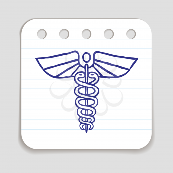 Caduceus emblem icon. Blue pen hand drawn infographic symbol. Notepaper piece. Line art style graphic element. Web button with shadow. Herald wand with wings and two serpents.