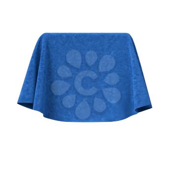 Box covered with blue velvet fabric. Isolated on white background. Surprise, award, presentation concept. Reveal the hidden object. Raise the curtain. Photo realistic 3D illustration.