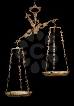 Antique weighing scale on black background. Justice, making decisions, true and false, fair and unfair concept.