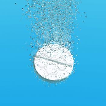 Effervescent medicine. Fizzy tablet dissolving. White round pill falling in water with bubbles. Blue background. 3D illustration