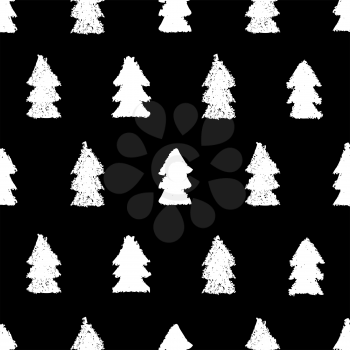 Christmas trees seamless pattern. Hand painted pastel crayon. Grunge background. Design element for xmas wallpapers, invitations, scrapbooking, fabric print etc. Vector illustration.