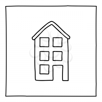 Doodle apartment building icon. Black and white symbol with frame. Line art style graphic design element. Isolated on white background. Real estate, architecture, modern city.