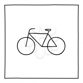 Doodle bicycle icon. Black and white symbol with frame. Line art style graphic design element. Web button. Isolated on white background. Sport, fitness, bicycle tour, transportation concept.
